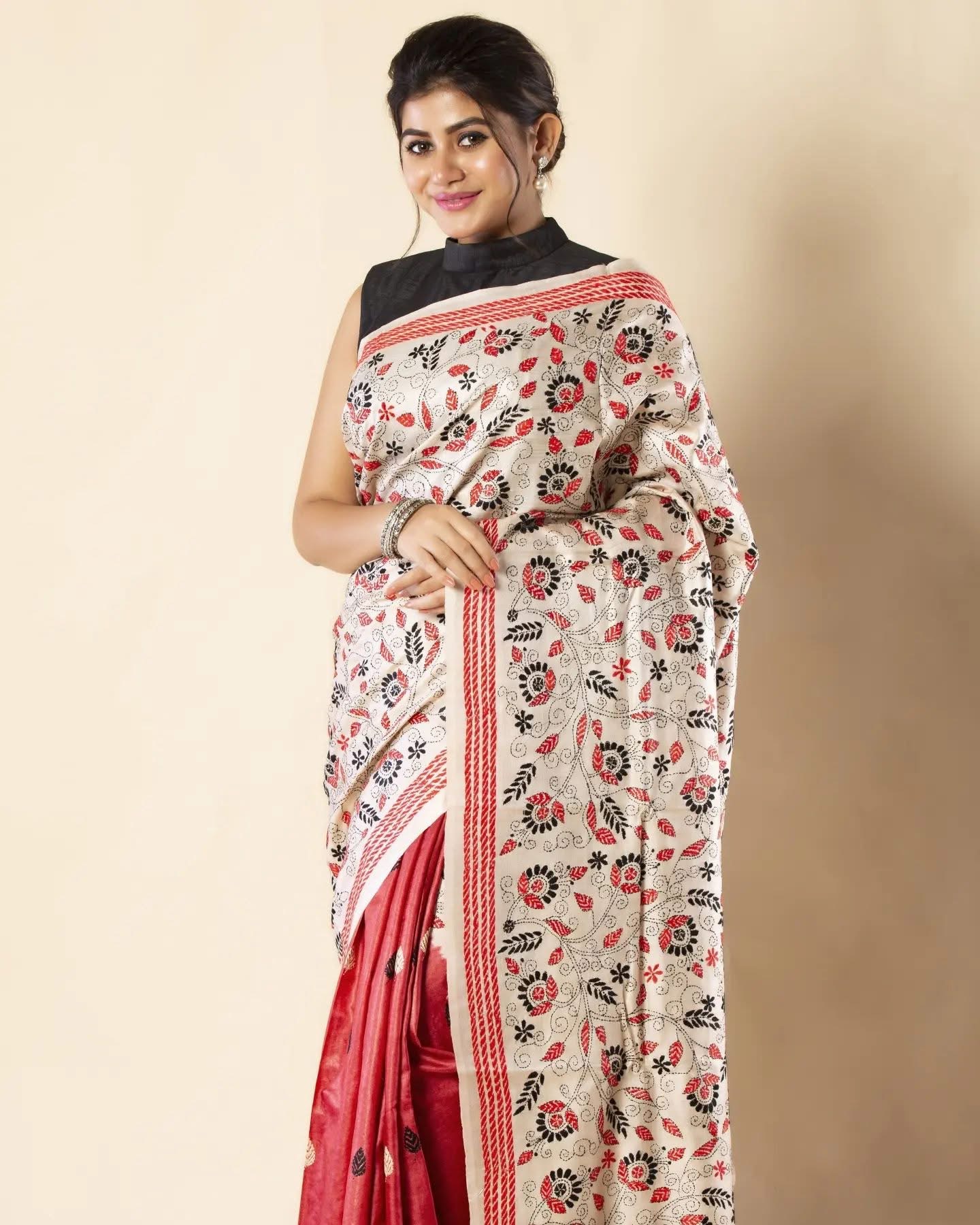 Cream And Red Color Pure Soft Silk Digital Print Saree | DG-215