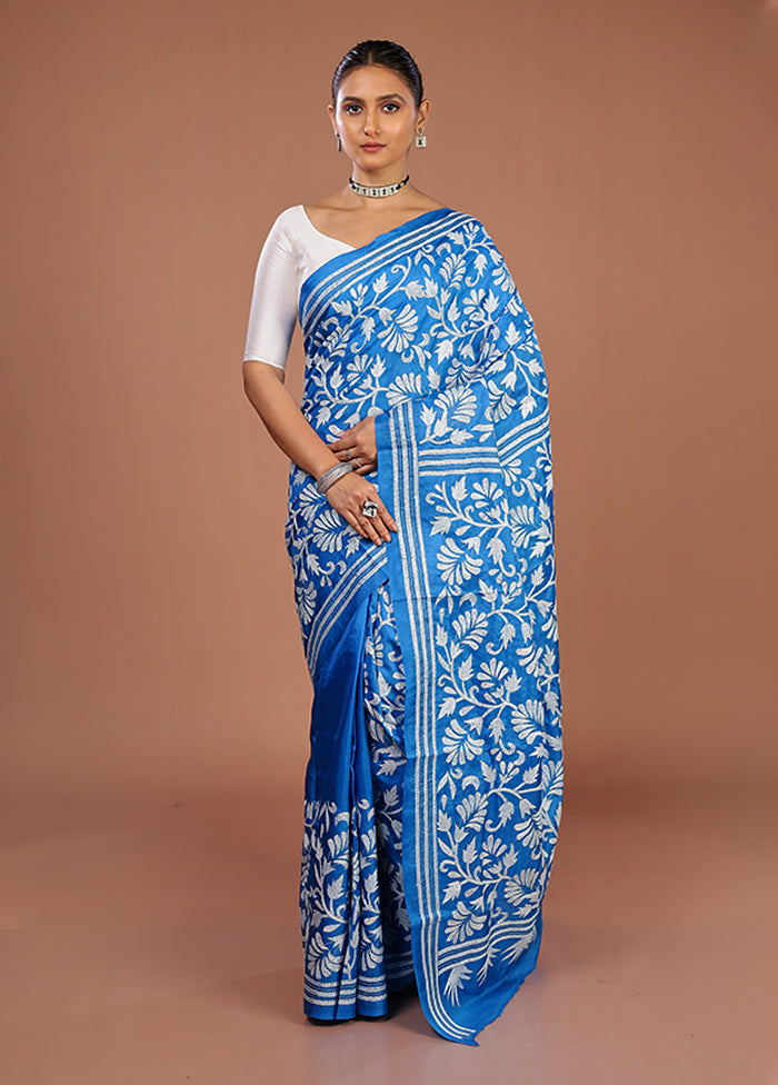 Blue Digital Print Pure Silk Saree With Blouse Piece | DG-216