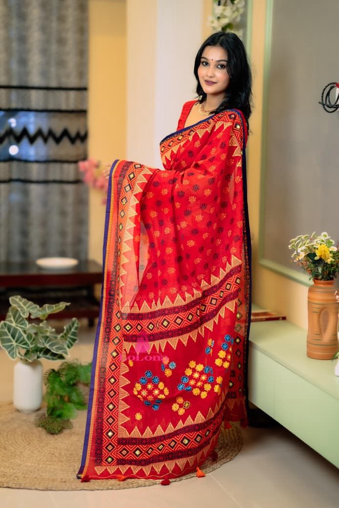 Kath Block And Embroidery Saree With Mirror Work | BLS-06