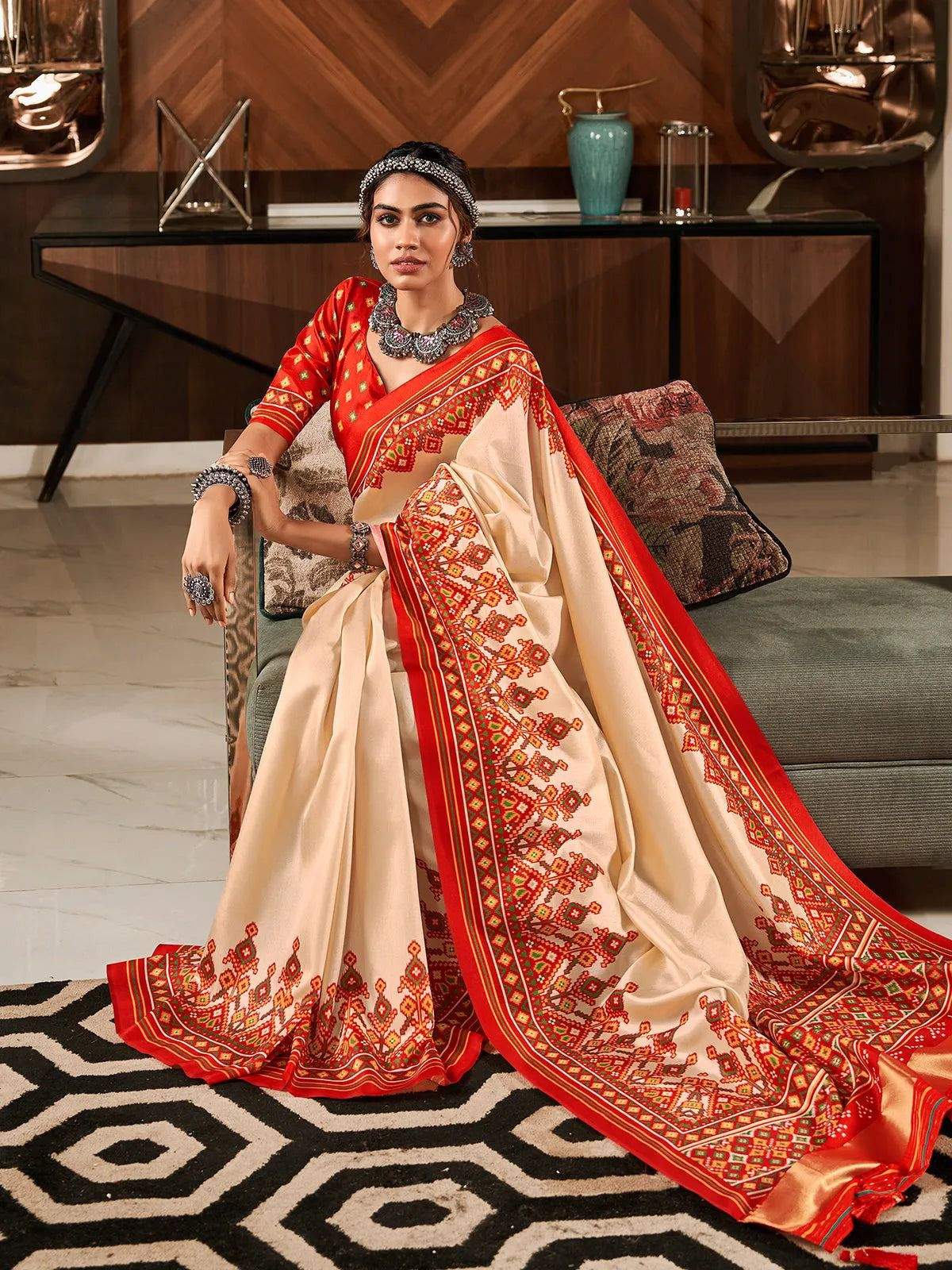 Cream pure Soft patola silk party contemporary saree | DG-211