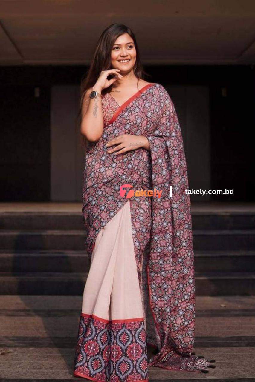 Cream Color Cotton Linen Saree Digital Print | DG-212