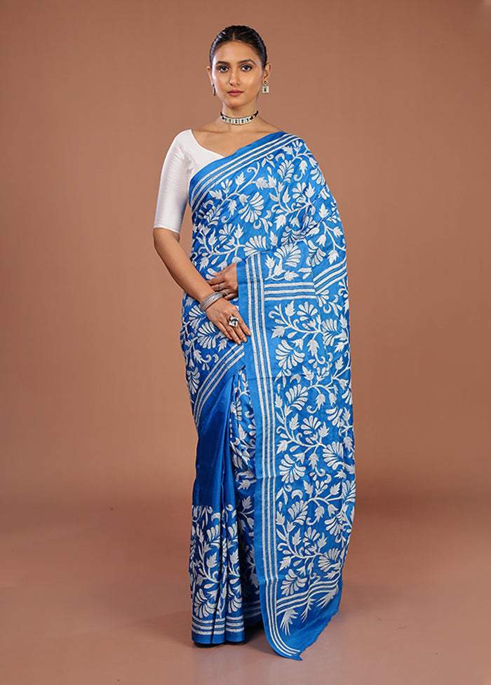 Blue Digital Print Pure Silk Saree With Blouse Piece | DG-216
