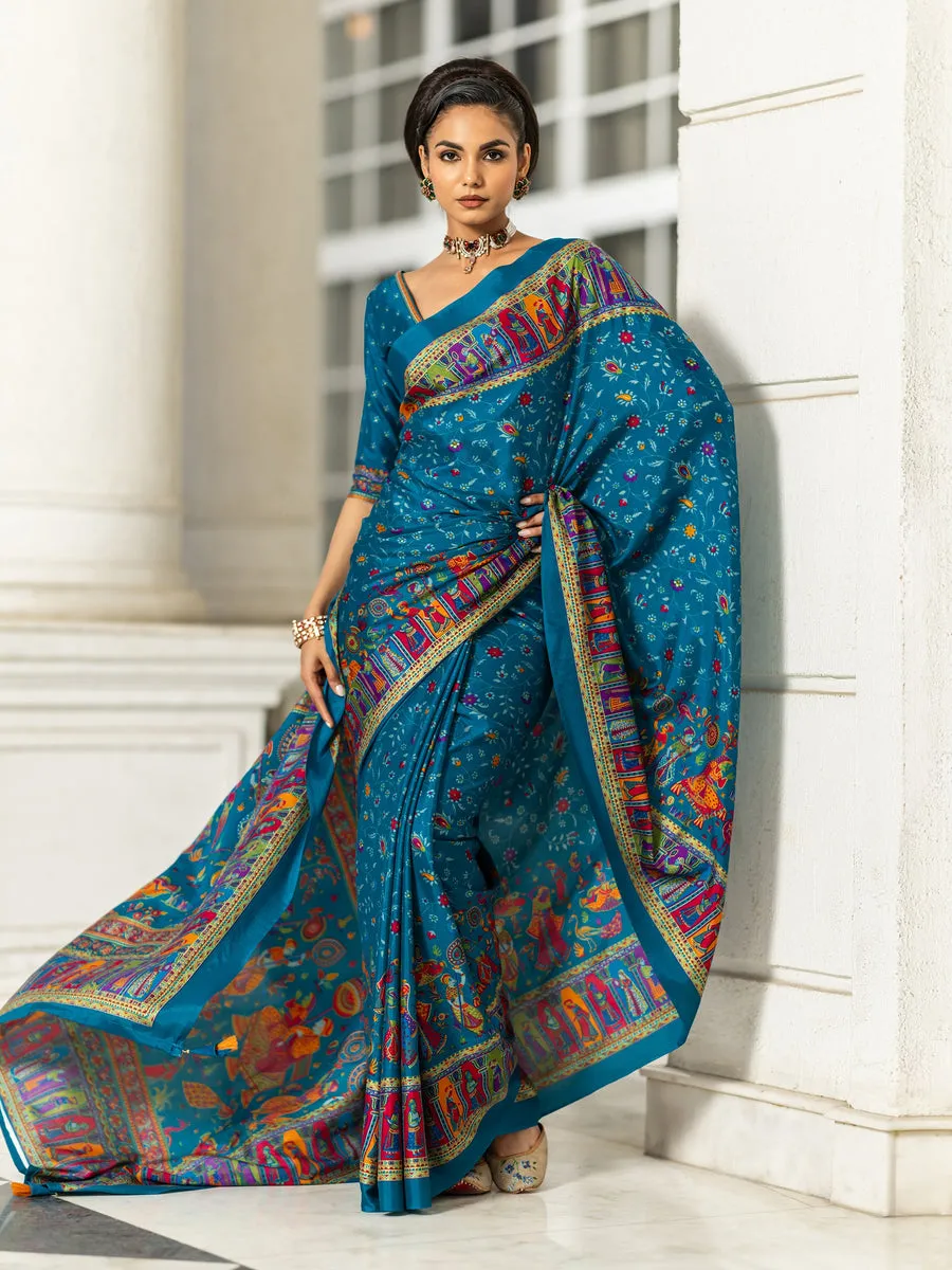 Blue Printed Glossy Silk Saree With Unstitched Blouse Piece