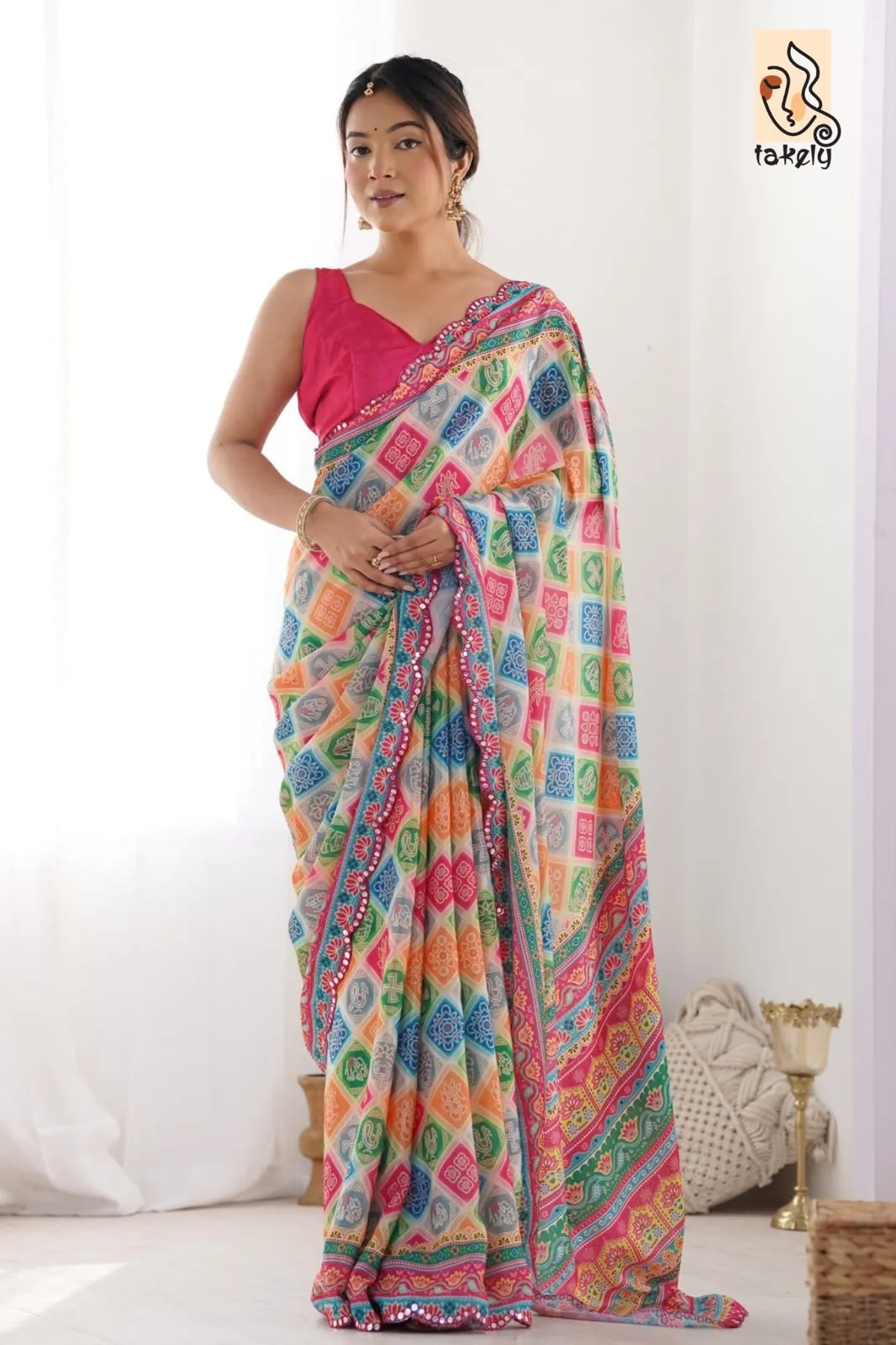 Multicolor Digital Printed Chanderi Silk Saree With Lace Work
