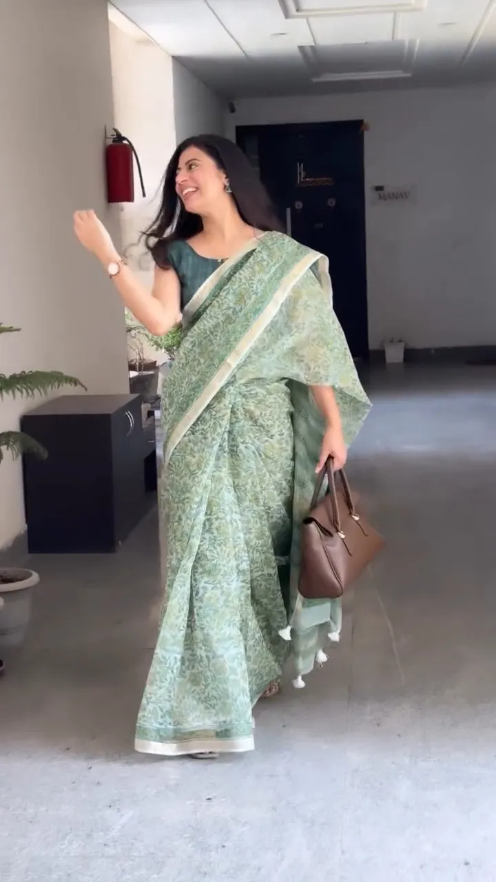 Traditional Block Design Printed Kota Doria Cotton Saree