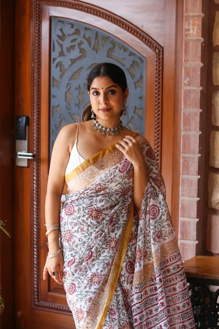 Traditional Block Design Printed Kota Doria Cotton Saree