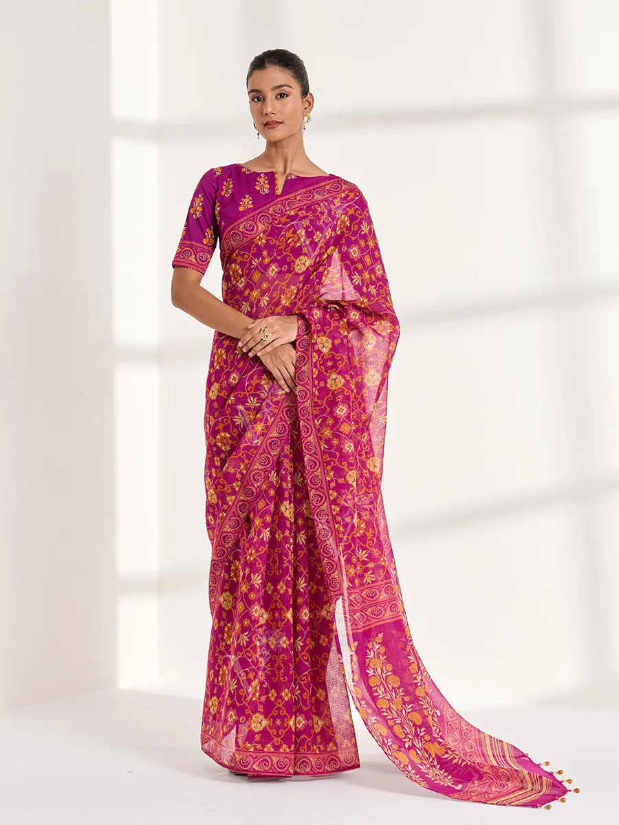 Magenta Kota Doria Printed Saree
